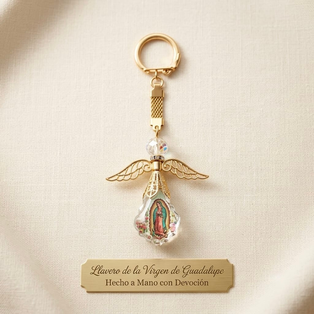llavero de angel de cristal con imagen de  la virgen