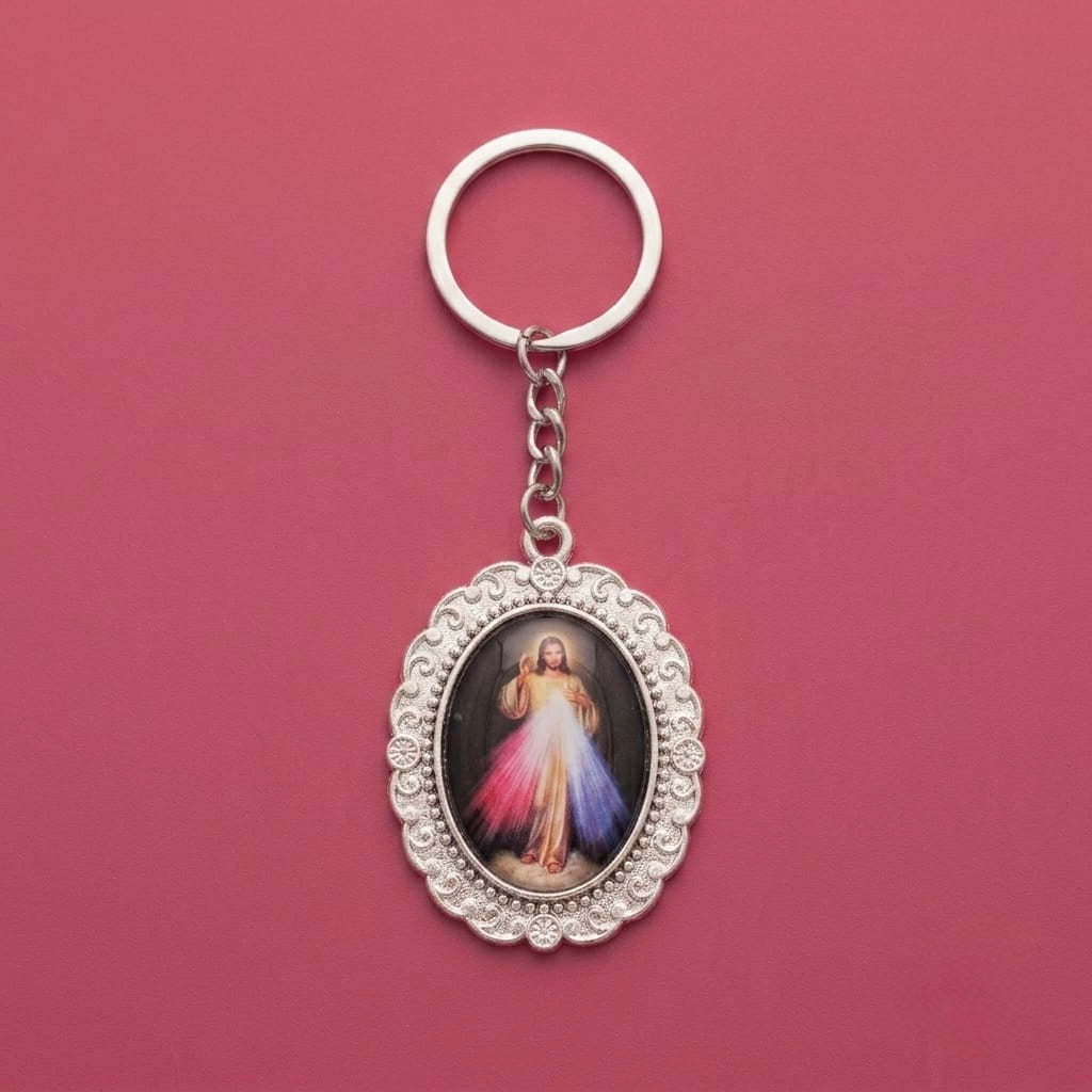 Llavero Medalla Religiosa Divina Misericordia Metal Plateado