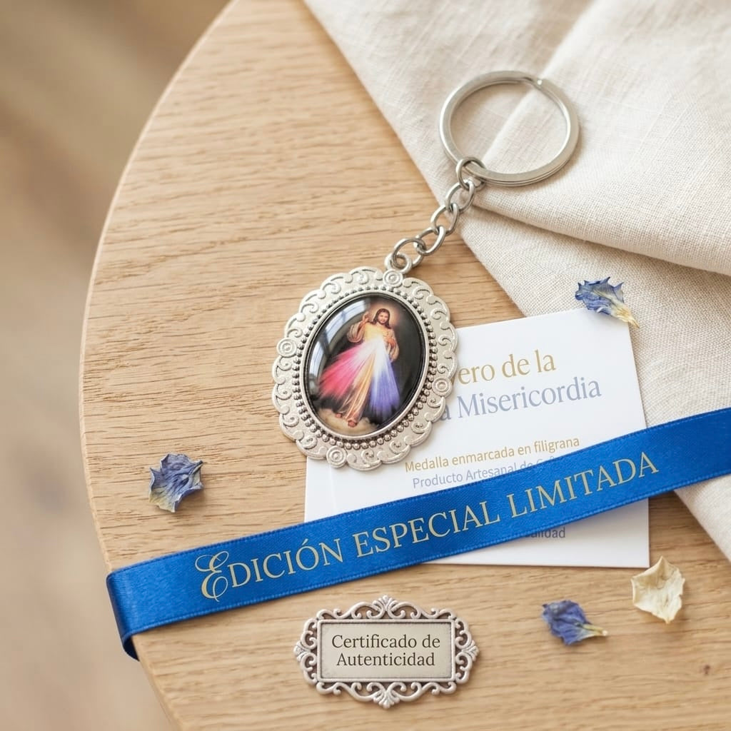 Llavero Medalla Religiosa Divina Misericordia Metal Plateado