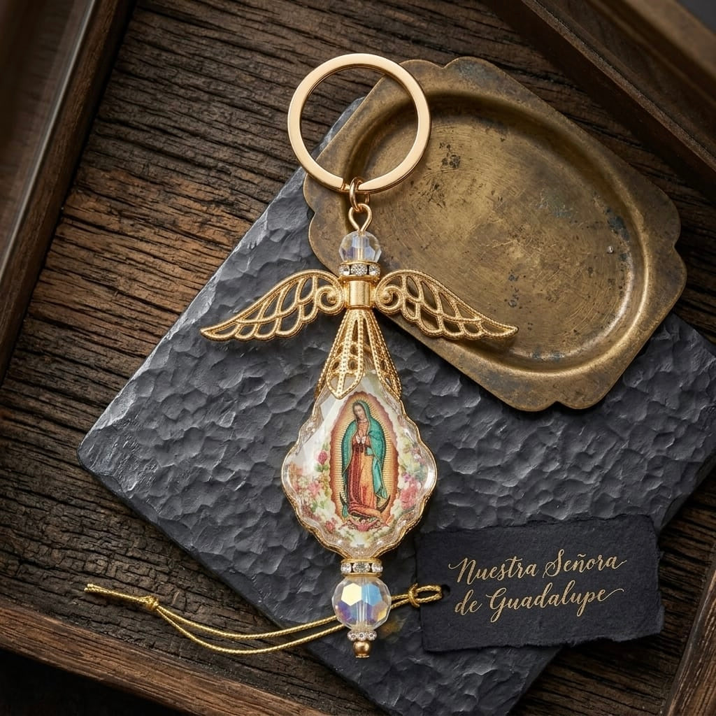 llavero de angel de cristal con imagen de  la virgen
