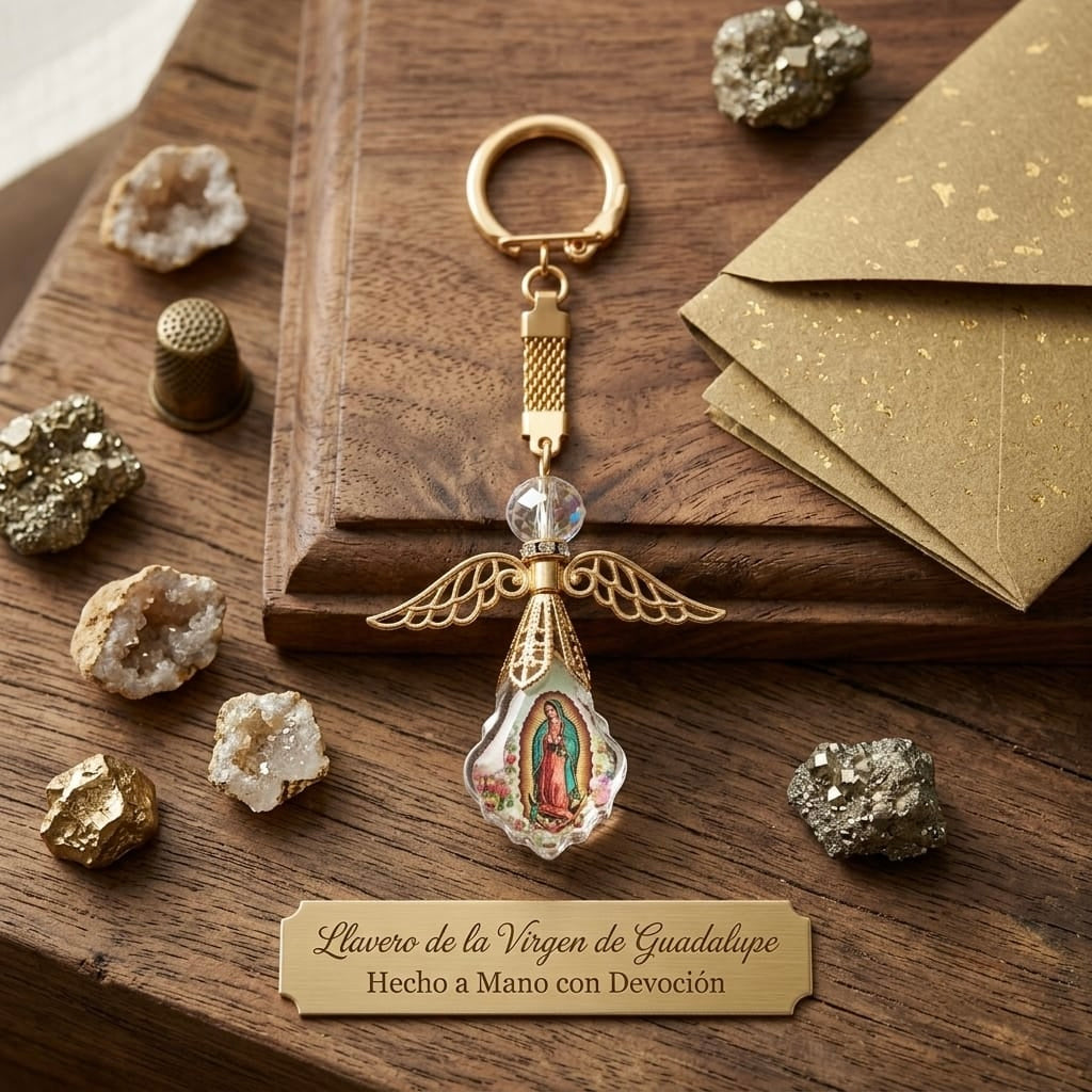 llavero de angel de cristal con imagen de  la virgen