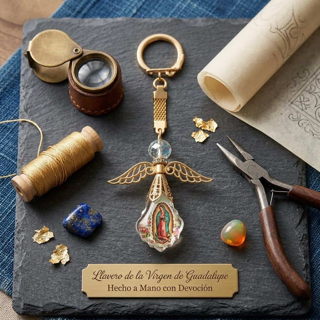 llavero de angel de cristal con imagen de  la virgen