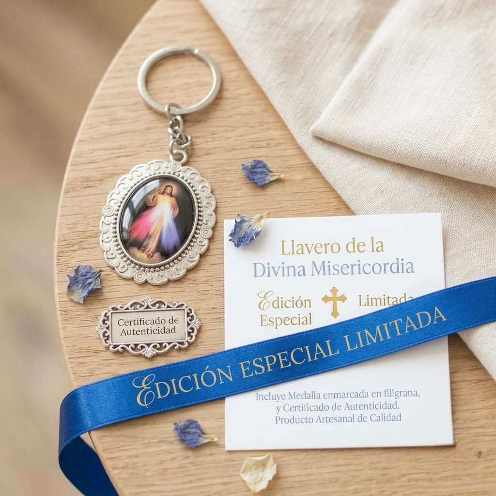 Llavero Medalla Religiosa Divina Misericordia Metal Plateado