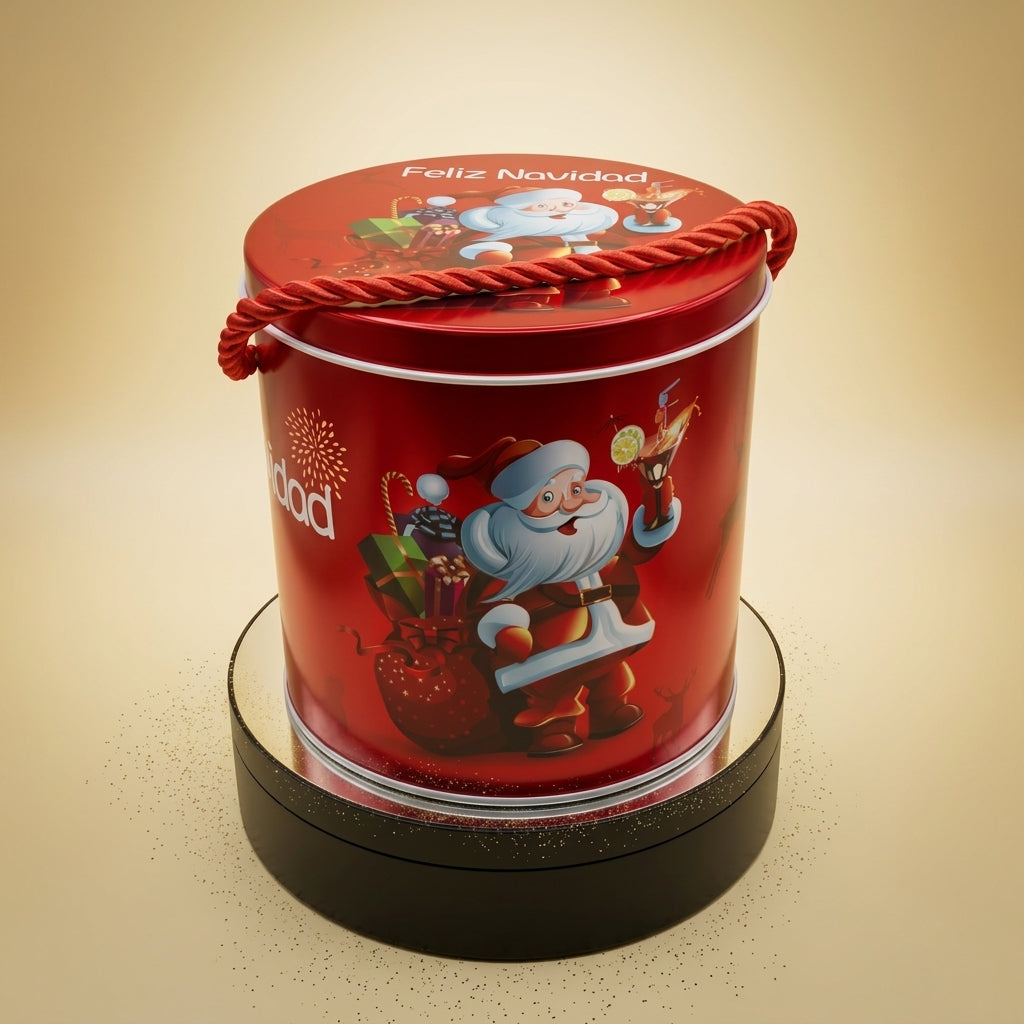estuche de metal redondo decorado navidad
