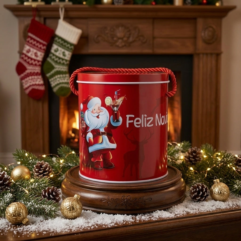 estuche de metal redondo decorado navidad