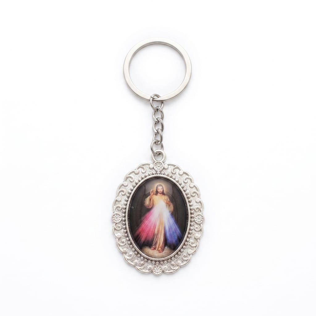 Llavero Medalla Religiosa Divina Misericordia Metal Plateado
