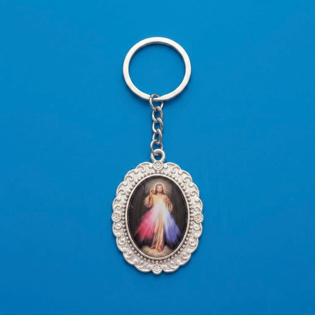 Llavero Medalla Religiosa Divina Misericordia Metal Plateado
