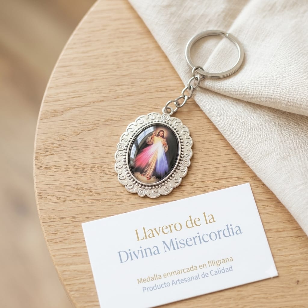 Llavero Medalla Religiosa Divina Misericordia Metal Plateado