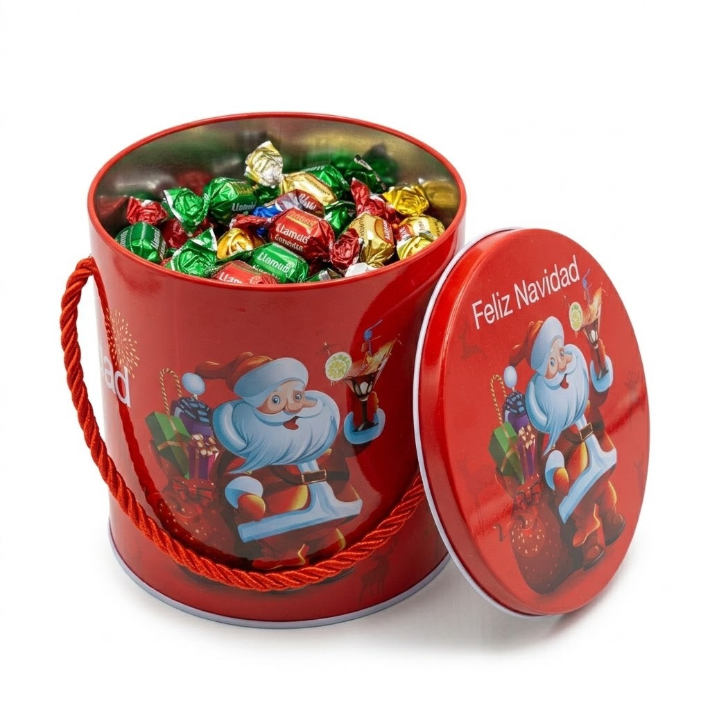 estuche de metal redondo decorado navidad